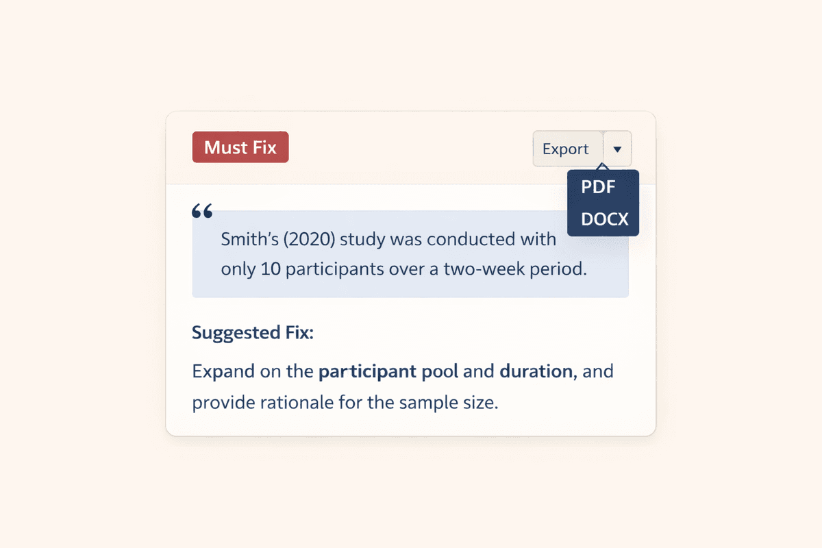DissertationAI results dashboard showing categorized feedback and quality score